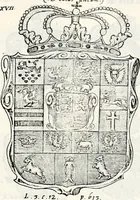 An illustration from Historia insignium illustrium sev Operis heraldici pars specialis : continens delineationem insignium plerorumque regum, ducum principum, comitum & baronum in cultiori Europa, cum explicatione singularum tesserarum, & multis ad familiarum decora titulos atque jura spectantibus, nec non tabulis aeneis scuta galeasq : in opere explicata obtutui exponentibus & indicibus necessariis (1680)