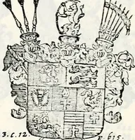 An illustration from Historia insignium illustrium sev Operis heraldici pars specialis : continens delineationem insignium plerorumque regum, ducum principum, comitum & baronum in cultiori Europa, cum explicatione singularum tesserarum, & multis ad familiarum decora titulos atque jura spectantibus, nec non tabulis aeneis scuta galeasq : in opere explicata obtutui exponentibus & indicibus necessariis (1680)