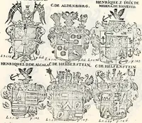 An illustration from Historia insignium illustrium sev Operis heraldici pars specialis : continens delineationem insignium plerorumque regum, ducum principum, comitum & baronum in cultiori Europa, cum explicatione singularum tesserarum, & multis ad familiarum decora titulos atque jura spectantibus, nec non tabulis aeneis scuta galeasq : in opere explicata obtutui exponentibus & indicibus necessariis (1680)