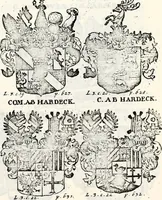 An illustration from Historia insignium illustrium sev Operis heraldici pars specialis : continens delineationem insignium plerorumque regum, ducum principum, comitum & baronum in cultiori Europa, cum explicatione singularum tesserarum, & multis ad familiarum decora titulos atque jura spectantibus, nec non tabulis aeneis scuta galeasq : in opere explicata obtutui exponentibus & indicibus necessariis (1680)