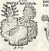 An illustration from Historia insignium illustrium sev Operis heraldici pars specialis : continens delineationem insignium plerorumque regum, ducum principum, comitum & baronum in cultiori Europa, cum explicatione singularum tesserarum, & multis ad familiarum decora titulos atque jura spectantibus, nec non tabulis aeneis scuta galeasq : in opere explicata obtutui exponentibus & indicibus necessariis (1680)