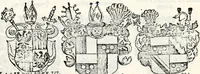 An illustration from Historia insignium illustrium sev Operis heraldici pars specialis : continens delineationem insignium plerorumque regum, ducum principum, comitum & baronum in cultiori Europa, cum explicatione singularum tesserarum, & multis ad familiarum decora titulos atque jura spectantibus, nec non tabulis aeneis scuta galeasq : in opere explicata obtutui exponentibus & indicibus necessariis (1680)