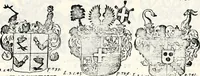 An illustration from Historia insignium illustrium sev Operis heraldici pars specialis : continens delineationem insignium plerorumque regum, ducum principum, comitum & baronum in cultiori Europa, cum explicatione singularum tesserarum, & multis ad familiarum decora titulos atque jura spectantibus, nec non tabulis aeneis scuta galeasq : in opere explicata obtutui exponentibus & indicibus necessariis (1680)