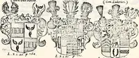 An illustration from Historia insignium illustrium sev Operis heraldici pars specialis : continens delineationem insignium plerorumque regum, ducum principum, comitum & baronum in cultiori Europa, cum explicatione singularum tesserarum, & multis ad familiarum decora titulos atque jura spectantibus, nec non tabulis aeneis scuta galeasq : in opere explicata obtutui exponentibus & indicibus necessariis (1680)
