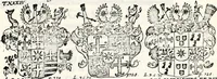 An illustration from Historia insignium illustrium sev Operis heraldici pars specialis : continens delineationem insignium plerorumque regum, ducum principum, comitum & baronum in cultiori Europa, cum explicatione singularum tesserarum, & multis ad familiarum decora titulos atque jura spectantibus, nec non tabulis aeneis scuta galeasq : in opere explicata obtutui exponentibus & indicibus necessariis (1680)