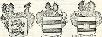 An illustration from Historia insignium illustrium sev Operis heraldici pars specialis : continens delineationem insignium plerorumque regum, ducum principum, comitum & baronum in cultiori Europa, cum explicatione singularum tesserarum, & multis ad familiarum decora titulos atque jura spectantibus, nec non tabulis aeneis scuta galeasq : in opere explicata obtutui exponentibus & indicibus necessariis (1680)