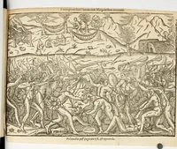 An illustration from Historia navigationis in Brasiliam quae et America dicitvr : qua describitvr avthoris navigatio, quaeque in mari vidit memoriae prodenda, Villagagnonis in America gesta : Brasiliensium victus & mores, à nostris admodum alieni, cum eorum linguae dialogo : animalia etiam, arbores atque herbae, reliquaque singularia & nobis penitus incognita (1594)