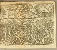 An illustration from Historia navigationis in Brasiliam quae et America dicitur. : Qua describitur authoris nauigatio, quaeque in mari vidit memoriae prodenda: Villagagnonis in America gesta: Brasiliensium victus & mores, à nostris admodum alieni, cum eorum linguae dialogo: animalia etiam, arbores, atque herbae reliquáque singularia & nobis penitus incognita. (1594)