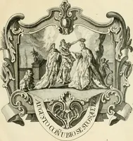 An illustration from Historica notitia rerum Boicarum : symbolis ac figuris aeneis illustrata : in funere Caroli VII. Romanorum Imperatoris semp. aug. virtutum triumpho, solemnium quondam occasione exequiarum, accommodata : cui accedit in fine oratio funebris in laudem optimi ejusdem Caesaris, anno 1745 habita (1746)