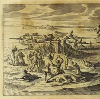 An illustration from Historiarum Orientalis Indiae tomus XII in tres libros siue tractatus distributus. : Quorum primus continet descriptiones chorographicas & topographicas regnorum, provinciarum, insularum, vrbium, castellorum, emporiorum montium atque fluviorum, totius illius continentis, quae vulgo Orientalis Indiae nomine censetur: imprimis Chersonesi Aureae, Sinarum, Iaponum, Sinus Perfici & Gangetici, Oceani Eoi & littoris Africani: adiectis incolarum moribus & ritibus, ipsiusque soli ingenio & natura. Secundus habet narrationes exquisitas aliquot nauigationum & expeditionum marinarum, ab Anglis Batauisque potissimum, in omnes illas Orientis & Austri partes susceptarum, vt & praeliorum aliquot naualium vario euentu commissorum: quibus accessit periplus orbis terrae, à Iacobo Eremita, Nauarcho Batauo absolutus: quae historia incipit ab anno An. C. M. DC. XIII. terminaturque initiis anni M. DC. XXVI. Tertius tribuitur descriptioni quarundam septentrionalium regionum atque insularum, ante non satis cognitarum, nempe partis Scythiae, Moscoviae, quae magna pars est Sarmatiae Europae & Asiaticae, nec non Samogetiae, Islandae, Gronlandiae & aliarum, quarum plenior notitiae, expeditionibus Nauarchorum felici industria in eas orbis partes confectis, ad nos peruenit: à primis Aquilonarium nauigationum initiis ad nostra tempora. I. Ludouicus Gotofridus ex Anglico et Belgico sermone in Latinum transtulit, nouis accessionibus locupletauit, ordinem & concinnitatem addidit: non sine tabulis chorographicis & figuris aeneis, vnde lumen toti historiae (1628)