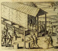 An illustration from Historiarum Orientalis Indiae tomus XII in tres libros siue tractatus distributus. : Quorum primus continet descriptiones chorographicas & topographicas regnorum, provinciarum, insularum, vrbium, castellorum, emporiorum montium atque fluviorum, totius illius continentis, quae vulgo Orientalis Indiae nomine censetur: imprimis Chersonesi Aureae, Sinarum, Iaponum, Sinus Perfici & Gangetici, Oceani Eoi & littoris Africani: adiectis incolarum moribus & ritibus, ipsiusque soli ingenio & natura. Secundus habet narrationes exquisitas aliquot nauigationum & expeditionum marinarum, ab Anglis Batauisque potissimum, in omnes illas Orientis & Austri partes susceptarum, vt & praeliorum aliquot naualium vario euentu commissorum: quibus accessit periplus orbis terrae, à Iacobo Eremita, Nauarcho Batauo absolutus: quae historia incipit ab anno An. C. M. DC. XIII. terminaturque initiis anni M. DC. XXVI. Tertius tribuitur descriptioni quarundam septentrionalium regionum atque insularum, ante non satis cognitarum, nempe partis Scythiae, Moscoviae, quae magna pars est Sarmatiae Europae & Asiaticae, nec non Samogetiae, Islandae, Gronlandiae & aliarum, quarum plenior notitiae, expeditionibus Nauarchorum felici industria in eas orbis partes confectis, ad nos peruenit: à primis Aquilonarium nauigationum initiis ad nostra tempora. I. Ludouicus Gotofridus ex Anglico et Belgico sermone in Latinum transtulit, nouis accessionibus locupletauit, ordinem & concinnitatem addidit: non sine tabulis chorographicis & figuris aeneis, vnde lumen toti historiae (1628)