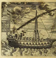 An illustration from Historiarum Orientalis Indiae tomus XII in tres libros siue tractatus distributus. : Quorum primus continet descriptiones chorographicas & topographicas regnorum, provinciarum, insularum, vrbium, castellorum, emporiorum montium atque fluviorum, totius illius continentis, quae vulgo Orientalis Indiae nomine censetur: imprimis Chersonesi Aureae, Sinarum, Iaponum, Sinus Perfici & Gangetici, Oceani Eoi & littoris Africani: adiectis incolarum moribus & ritibus, ipsiusque soli ingenio & natura. Secundus habet narrationes exquisitas aliquot nauigationum & expeditionum marinarum, ab Anglis Batauisque potissimum, in omnes illas Orientis & Austri partes susceptarum, vt & praeliorum aliquot naualium vario euentu commissorum: quibus accessit periplus orbis terrae, à Iacobo Eremita, Nauarcho Batauo absolutus: quae historia incipit ab anno An. C. M. DC. XIII. terminaturque initiis anni M. DC. XXVI. Tertius tribuitur descriptioni quarundam septentrionalium regionum atque insularum, ante non satis cognitarum, nempe partis Scythiae, Moscoviae, quae magna pars est Sarmatiae Europae & Asiaticae, nec non Samogetiae, Islandae, Gronlandiae & aliarum, quarum plenior notitiae, expeditionibus Nauarchorum felici industria in eas orbis partes confectis, ad nos peruenit: à primis Aquilonarium nauigationum initiis ad nostra tempora. I. Ludouicus Gotofridus ex Anglico et Belgico sermone in Latinum transtulit, nouis accessionibus locupletauit, ordinem & concinnitatem addidit: non sine tabulis chorographicis & figuris aeneis, vnde lumen toti historiae (1628)