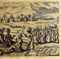 An illustration from Historiarum Orientalis Indiae tomus XII in tres libros siue tractatus distributus. : Quorum primus continet descriptiones chorographicas & topographicas regnorum, provinciarum, insularum, vrbium, castellorum, emporiorum montium atque fluviorum, totius illius continentis, quae vulgo Orientalis Indiae nomine censetur: imprimis Chersonesi Aureae, Sinarum, Iaponum, Sinus Perfici & Gangetici, Oceani Eoi & littoris Africani: adiectis incolarum moribus & ritibus, ipsiusque soli ingenio & natura. Secundus habet narrationes exquisitas aliquot nauigationum & expeditionum marinarum, ab Anglis Batauisque potissimum, in omnes illas Orientis & Austri partes susceptarum, vt & praeliorum aliquot naualium vario euentu commissorum: quibus accessit periplus orbis terrae, à Iacobo Eremita, Nauarcho Batauo absolutus: quae historia incipit ab anno An. C. M. DC. XIII. terminaturque initiis anni M. DC. XXVI. Tertius tribuitur descriptioni quarundam septentrionalium regionum atque insularum, ante non satis cognitarum, nempe partis Scythiae, Moscoviae, quae magna pars est Sarmatiae Europae & Asiaticae, nec non Samogetiae, Islandae, Gronlandiae & aliarum, quarum plenior notitiae, expeditionibus Nauarchorum felici industria in eas orbis partes confectis, ad nos peruenit: à primis Aquilonarium nauigationum initiis ad nostra tempora. I. Ludouicus Gotofridus ex Anglico et Belgico sermone in Latinum transtulit, nouis accessionibus locupletauit, ordinem & concinnitatem addidit: non sine tabulis chorographicis & figuris aeneis, vnde lumen toti historiae (1628)