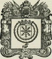 An illustration from Historie cronologiche dell' origine degl' ordini militari e di tutte le religione caualleresche infino ad hora instituite nel mondo : insegne, croci, stendardi, habiti capitolari ò di ceremonia, statuti, e constituzioni di cadaun'ordine : guerre campali e nauali, azioni, fatti celebri, & imprese de caualieri; confederazioni, trattati, paci, & auuenimenti per difesa del Nome Christiano, e propagazione della fede cattolica : serie di tutti i prencipi gran maestri, ordini di dame, e degl' infedeli &c. con le loro diuise (1692)