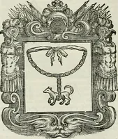 An illustration from Historie cronologiche dell' origine degl' ordini militari e di tutte le religione caualleresche infino ad hora instituite nel mondo : insegne, croci, stendardi, habiti capitolari ò di ceremonia, statuti, e constituzioni di cadaun'ordine : guerre campali e nauali, azioni, fatti celebri, & imprese de caualieri; confederazioni, trattati, paci, & auuenimenti per difesa del Nome Christiano, e propagazione della fede cattolica : serie di tutti i prencipi gran maestri, ordini di dame, e degl' infedeli &c. con le loro diuise (1692)