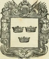 An illustration from Historie cronologiche dell' origine degl' ordini militari e di tutte le religione caualleresche infino ad hora instituite nel mondo : insegne, croci, stendardi, habiti capitolari ò di ceremonia, statuti, e constituzioni di cadaun'ordine : guerre campali e nauali, azioni, fatti celebri, & imprese de caualieri; confederazioni, trattati, paci, & auuenimenti per difesa del Nome Christiano, e propagazione della fede cattolica : serie di tutti i prencipi gran maestri, ordini di dame, e degl' infedeli &c. con le loro diuise (1692)