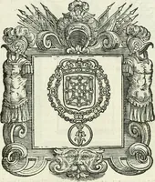 An illustration from Historie cronologiche dell' origine degl' ordini militari e di tutte le religione caualleresche infino ad hora instituite nel mondo : insegne, croci, stendardi, habiti capitolari ò di ceremonia, statuti, e constituzioni di cadaun'ordine : guerre campali e nauali, azioni, fatti celebri, & imprese de caualieri; confederazioni, trattati, paci, & auuenimenti per difesa del Nome Christiano, e propagazione della fede cattolica : serie di tutti i prencipi gran maestri, ordini di dame, e degl' infedeli &c. con le loro diuise (1692)
