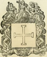 An illustration from Historie cronologiche dell' origine degl' ordini militari e di tutte le religione caualleresche infino ad hora instituite nel mondo : insegne, croci, stendardi, habiti capitolari ò di ceremonia, statuti, e constituzioni di cadaun'ordine : guerre campali e nauali, azioni, fatti celebri, & imprese de caualieri; confederazioni, trattati, paci, & auuenimenti per difesa del Nome Christiano, e propagazione della fede cattolica : serie di tutti i prencipi gran maestri, ordini di dame, e degl' infedeli &c. con le loro diuise (1692)
