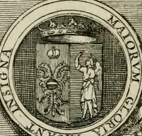 An illustration from Historie cronologiche dell' origine degl' ordini militari e di tutte le religione caualleresche infino ad hora instituite nel mondo : insegne, croci, stendardi, habiti capitolari ò di ceremonia, statuti, e constituzioni di cadaun'ordine : guerre campali e nauali, azioni, fatti celebri, & imprese de caualieri; confederazioni, trattati, paci, & auuenimenti per difesa del Nome Christiano, e propagazione della fede cattolica : serie di tutti i prencipi gran maestri, ordini di dame, e degl' infedeli &c. con le loro diuise (1692)