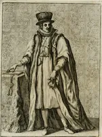 An illustration from Historie cronologiche dell' origine degl' ordini militari e di tutte le religione caualleresche infino ad hora instituite nel mondo : insegne, croci, stendardi, habiti capitolari ò di ceremonia, statuti, e constituzioni di cadaun'ordine : guerre campali e nauali, azioni, fatti celebri, & imprese de caualieri; confederazioni, trattati, paci, & auuenimenti per difesa del Nome Christiano, e propagazione della fede cattolica : serie di tutti i prencipi gran maestri, ordini di dame, e degl' infedeli &c. con le loro diuise (1692)