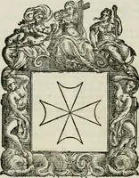 An illustration from Historie cronologiche dell' origine degl' ordini militari e di tutte le religione caualleresche infino ad hora instituite nel mondo : insegne, croci, stendardi, habiti capitolari ò di ceremonia, statuti, e constituzioni di cadaun'ordine : guerre campali e nauali, azioni, fatti celebri, & imprese de caualieri; confederazioni, trattati, paci, & auuenimenti per difesa del Nome Christiano, e propagazione della fede cattolica : serie di tutti i prencipi gran maestri, ordini di dame, e degl' infedeli &c. con le loro diuise (1692)