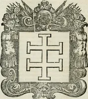 An illustration from Historie cronologiche dell' origine degl' ordini militari e di tutte le religione caualleresche infino ad hora instituite nel mondo : insegne, croci, stendardi, habiti capitolari ò di ceremonia, statuti, e constituzioni di cadaun'ordine : guerre campali e nauali, azioni, fatti celebri, & imprese de caualieri; confederazioni, trattati, paci, & auuenimenti per difesa del Nome Christiano, e propagazione della fede cattolica : serie di tutti i prencipi gran maestri, ordini di dame, e degl' infedeli &c. con le loro diuise (1692)