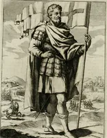 An illustration from Historie cronologiche dell' origine degl' ordini militari e di tutte le religione caualleresche infino ad hora instituite nel mondo : insegne, croci, stendardi, habiti capitolari ò di ceremonia, statuti, e constituzioni di cadaun'ordine : guerre campali e nauali, azioni, fatti celebri, & imprese de caualieri; confederazioni, trattati, paci, & auuenimenti per difesa del Nome Christiano, e propagazione della fede cattolica : serie di tutti i prencipi gran maestri, ordini di dame, e degl' infedeli &c. con le loro diuise (1692)