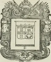 An illustration from Historie cronologiche dell' origine degl' ordini militari e di tutte le religione caualleresche infino ad hora instituite nel mondo : insegne, croci, stendardi, habiti capitolari ò di ceremonia, statuti, e constituzioni di cadaun'ordine : guerre campali e nauali, azioni, fatti celebri, & imprese de caualieri; confederazioni, trattati, paci, & auuenimenti per difesa del Nome Christiano, e propagazione della fede cattolica : serie di tutti i prencipi gran maestri, ordini di dame, e degl' infedeli &c. con le loro diuise (1692)