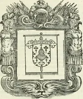 An illustration from Historie cronologiche dell' origine degl' ordini militari e di tutte le religione caualleresche infino ad hora instituite nel mondo : insegne, croci, stendardi, habiti capitolari ò di ceremonia, statuti, e constituzioni di cadaun'ordine : guerre campali e nauali, azioni, fatti celebri, & imprese de caualieri; confederazioni, trattati, paci, & auuenimenti per difesa del Nome Christiano, e propagazione della fede cattolica : serie di tutti i prencipi gran maestri, ordini di dame, e degl' infedeli &c. con le loro diuise (1692)