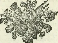 An illustration from Historie cronologiche dell' origine degl' ordini militari e di tutte le religione caualleresche infino ad hora instituite nel mondo : insegne, croci, stendardi, habiti capitolari ò di ceremonia, statuti, e constituzioni di cadaun'ordine : guerre campali e nauali, azioni, fatti celebri, & imprese de caualieri; confederazioni, trattati, paci, & auuenimenti per difesa del Nome Christiano, e propagazione della fede cattolica : serie di tutti i prencipi gran maestri, ordini di dame, e degl' infedeli &c. con le loro diuise (1692)