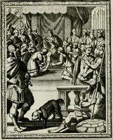 An illustration from Historie cronologiche dell' origine degl' ordini militari e di tutte le religione caualleresche infino ad hora instituite nel mondo : insegne, croci, stendardi, habiti capitolari ò di ceremonia, statuti, e constituzioni di cadaun'ordine : guerre campali e nauali, azioni, fatti celebri, & imprese de caualieri; confederazioni, trattati, paci, & auuenimenti per difesa del Nome Christiano, e propagazione della fede cattolica : serie di tutti i prencipi gran maestri, ordini di dame, e degl' infedeli &c. con le loro diuise (1692)