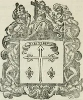 An illustration from Historie cronologiche dell' origine degl' ordini militari e di tutte le religione caualleresche infino ad hora instituite nel mondo : insegne, croci, stendardi, habiti capitolari ò di ceremonia, statuti, e constituzioni di cadaun'ordine : guerre campali e nauali, azioni, fatti celebri, & imprese de caualieri; confederazioni, trattati, paci, & auuenimenti per difesa del Nome Christiano, e propagazione della fede cattolica : serie di tutti i prencipi gran maestri, ordini di dame, e degl' infedeli &c. con le loro diuise (1692)