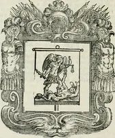 An illustration from Historie cronologiche dell' origine degl' ordini militari e di tutte le religione caualleresche infino ad hora instituite nel mondo : insegne, croci, stendardi, habiti capitolari ò di ceremonia, statuti, e constituzioni di cadaun'ordine : guerre campali e nauali, azioni, fatti celebri, & imprese de caualieri; confederazioni, trattati, paci, & auuenimenti per difesa del Nome Christiano, e propagazione della fede cattolica : serie di tutti i prencipi gran maestri, ordini di dame, e degl' infedeli &c. con le loro diuise (1692)