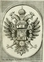 An illustration from Historie cronologiche dell' origine degl' ordini militari e di tutte le religione caualleresche infino ad hora instituite nel mondo : insegne, croci, stendardi, habiti capitolari ò di ceremonia, statuti, e constituzioni di cadaun'ordine : guerre campali e nauali, azioni, fatti celebri, & imprese de caualieri; confederazioni, trattati, paci, & auuenimenti per difesa del Nome Christiano, e propagazione della fede cattolica : serie di tutti i prencipi gran maestri, ordini di dame, e degl' infedeli &c. con le loro diuise (1692)