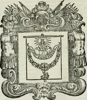 An illustration from Historie cronologiche dell' origine degl' ordini militari e di tutte le religione caualleresche infino ad hora instituite nel mondo : insegne, croci, stendardi, habiti capitolari ò di ceremonia, statuti, e constituzioni di cadaun'ordine : guerre campali e nauali, azioni, fatti celebri, & imprese de caualieri; confederazioni, trattati, paci, & auuenimenti per difesa del Nome Christiano, e propagazione della fede cattolica : serie di tutti i prencipi gran maestri, ordini di dame, e degl' infedeli &c. con le loro diuise (1692)