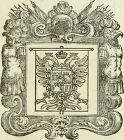 An illustration from Historie cronologiche dell' origine degl' ordini militari e di tutte le religione caualleresche infino ad hora instituite nel mondo : insegne, croci, stendardi, habiti capitolari ò di ceremonia, statuti, e constituzioni di cadaun'ordine : guerre campali e nauali, azioni, fatti celebri, & imprese de caualieri; confederazioni, trattati, paci, & auuenimenti per difesa del Nome Christiano, e propagazione della fede cattolica : serie di tutti i prencipi gran maestri, ordini di dame, e degl' infedeli &c. con le loro diuise (1692)