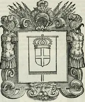 An illustration from Historie cronologiche dell' origine degl' ordini militari e di tutte le religione caualleresche infino ad hora instituite nel mondo : insegne, croci, stendardi, habiti capitolari ò di ceremonia, statuti, e constituzioni di cadaun'ordine : guerre campali e nauali, azioni, fatti celebri, & imprese de caualieri; confederazioni, trattati, paci, & auuenimenti per difesa del Nome Christiano, e propagazione della fede cattolica : serie di tutti i prencipi gran maestri, ordini di dame, e degl' infedeli &c. con le loro diuise (1692)