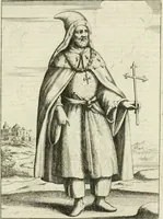 An illustration from Historie cronologiche dell' origine degl' ordini militari e di tutte le religione caualleresche infino ad hora instituite nel mondo : insegne, croci, stendardi, habiti capitolari ò di ceremonia, statuti, e constituzioni di cadaun'ordine : guerre campali e nauali, azioni, fatti celebri, & imprese de caualieri; confederazioni, trattati, paci, & auuenimenti per difesa del Nome Christiano, e propagazione della fede cattolica : serie di tutti i prencipi gran maestri, ordini di dame, e degl' infedeli &c. con le loro diuise (1692)