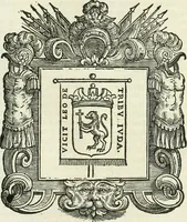 An illustration from Historie cronologiche dell' origine degl' ordini militari e di tutte le religione caualleresche infino ad hora instituite nel mondo : insegne, croci, stendardi, habiti capitolari ò di ceremonia, statuti, e constituzioni di cadaun'ordine : guerre campali e nauali, azioni, fatti celebri, & imprese de caualieri; confederazioni, trattati, paci, & auuenimenti per difesa del Nome Christiano, e propagazione della fede cattolica : serie di tutti i prencipi gran maestri, ordini di dame, e degl' infedeli &c. con le loro diuise (1692)