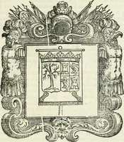 An illustration from Historie cronologiche dell' origine degl' ordini militari e di tutte le religione caualleresche infino ad hora instituite nel mondo : insegne, croci, stendardi, habiti capitolari ò di ceremonia, statuti, e constituzioni di cadaun'ordine : guerre campali e nauali, azioni, fatti celebri, & imprese de caualieri; confederazioni, trattati, paci, & auuenimenti per difesa del Nome Christiano, e propagazione della fede cattolica : serie di tutti i prencipi gran maestri, ordini di dame, e degl' infedeli &c. con le loro diuise (1692)