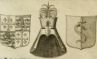 An illustration from Historie cronologiche dell' origine degl' ordini militari e di tutte le religione caualleresche infino ad hora instituite nel mondo : insegne, croci, stendardi, habiti capitolari ò di ceremonia, statuti, e constituzioni di cadaun'ordine : guerre campali e nauali, azioni, fatti celebri, & imprese de caualieri; confederazioni, trattati, paci, & auuenimenti per difesa del Nome Christiano, e propagazione della fede cattolica : serie di tutti i prencipi gran maestri, ordini di dame, e degl' infedeli &c. con le loro diuise (1692)