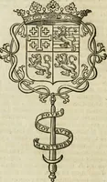 An illustration from Historie cronologiche dell' origine degl' ordini militari e di tutte le religione caualleresche infino ad hora instituite nel mondo : insegne, croci, stendardi, habiti capitolari ò di ceremonia, statuti, e constituzioni di cadaun'ordine : guerre campali e nauali, azioni, fatti celebri, & imprese de caualieri; confederazioni, trattati, paci, & auuenimenti per difesa del Nome Christiano, e propagazione della fede cattolica : serie di tutti i prencipi gran maestri, ordini di dame, e degl' infedeli &c. con le loro diuise (1692)
