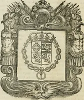 An illustration from Historie cronologiche dell' origine degl' ordini militari e di tutte le religione caualleresche infino ad hora instituite nel mondo : insegne, croci, stendardi, habiti capitolari ò di ceremonia, statuti, e constituzioni di cadaun'ordine : guerre campali e nauali, azioni, fatti celebri, & imprese de caualieri; confederazioni, trattati, paci, & auuenimenti per difesa del Nome Christiano, e propagazione della fede cattolica : serie di tutti i prencipi gran maestri, ordini di dame, e degl' infedeli &c. con le loro diuise (1692)