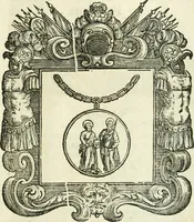An illustration from Historie cronologiche dell' origine degl' ordini militari e di tutte le religione caualleresche infino ad hora instituite nel mondo : insegne, croci, stendardi, habiti capitolari ò di ceremonia, statuti, e constituzioni di cadaun'ordine : guerre campali e nauali, azioni, fatti celebri, & imprese de caualieri; confederazioni, trattati, paci, & auuenimenti per difesa del Nome Christiano, e propagazione della fede cattolica : serie di tutti i prencipi gran maestri, ordini di dame, e degl' infedeli &c. con le loro diuise (1692)