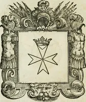 An illustration from Historie cronologiche dell' origine degl' ordini militari e di tutte le religione caualleresche infino ad hora instituite nel mondo : insegne, croci, stendardi, habiti capitolari ò di ceremonia, statuti, e constituzioni di cadaun'ordine : guerre campali e nauali, azioni, fatti celebri, & imprese de caualieri; confederazioni, trattati, paci, & auuenimenti per difesa del Nome Christiano, e propagazione della fede cattolica : serie di tutti i prencipi gran maestri, ordini di dame, e degl' infedeli &c. con le loro diuise (1692)