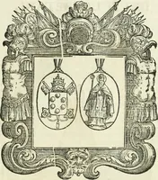 An illustration from Historie cronologiche dell' origine degl' ordini militari e di tutte le religione caualleresche infino ad hora instituite nel mondo : insegne, croci, stendardi, habiti capitolari ò di ceremonia, statuti, e constituzioni di cadaun'ordine : guerre campali e nauali, azioni, fatti celebri, & imprese de caualieri; confederazioni, trattati, paci, & auuenimenti per difesa del Nome Christiano, e propagazione della fede cattolica : serie di tutti i prencipi gran maestri, ordini di dame, e degl' infedeli &c. con le loro diuise (1692)
