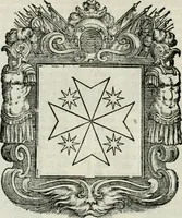 An illustration from Historie cronologiche dell' origine degl' ordini militari e di tutte le religione caualleresche infino ad hora instituite nel mondo : insegne, croci, stendardi, habiti capitolari ò di ceremonia, statuti, e constituzioni di cadaun'ordine : guerre campali e nauali, azioni, fatti celebri, & imprese de caualieri; confederazioni, trattati, paci, & auuenimenti per difesa del Nome Christiano, e propagazione della fede cattolica : serie di tutti i prencipi gran maestri, ordini di dame, e degl' infedeli &c. con le loro diuise (1692)