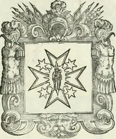 An illustration from Historie cronologiche dell' origine degl' ordini militari e di tutte le religione caualleresche infino ad hora instituite nel mondo : insegne, croci, stendardi, habiti capitolari ò di ceremonia, statuti, e constituzioni di cadaun'ordine : guerre campali e nauali, azioni, fatti celebri, & imprese de caualieri; confederazioni, trattati, paci, & auuenimenti per difesa del Nome Christiano, e propagazione della fede cattolica : serie di tutti i prencipi gran maestri, ordini di dame, e degl' infedeli &c. con le loro diuise (1692)