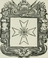An illustration from Historie cronologiche dell' origine degl' ordini militari e di tutte le religione caualleresche infino ad hora instituite nel mondo : insegne, croci, stendardi, habiti capitolari ò di ceremonia, statuti, e constituzioni di cadaun'ordine : guerre campali e nauali, azioni, fatti celebri, & imprese de caualieri; confederazioni, trattati, paci, & auuenimenti per difesa del Nome Christiano, e propagazione della fede cattolica : serie di tutti i prencipi gran maestri, ordini di dame, e degl' infedeli &c. con le loro diuise (1692)