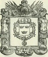 An illustration from Historie cronologiche dell' origine degl' ordini militari e di tutte le religione caualleresche infino ad hora instituite nel mondo : insegne, croci, stendardi, habiti capitolari ò di ceremonia, statuti, e constituzioni di cadaun'ordine : guerre campali e nauali, azioni, fatti celebri, & imprese de caualieri; confederazioni, trattati, paci, & auuenimenti per difesa del Nome Christiano, e propagazione della fede cattolica : serie di tutti i prencipi gran maestri, ordini di dame, e degl' infedeli &c. con le loro diuise (1692)
